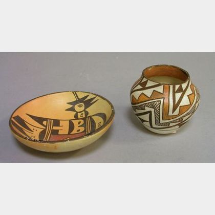 Small Native American Acoma Pueblo Paint Decorated Pottery Jar and a Hopi Paint Decorated Pottery Bowl