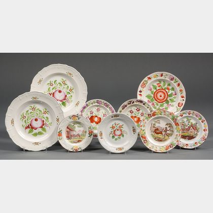 Nine Decorated Pearlware Plates