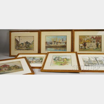 Frank T. Beatty (American, 1899-1984) Seven Framed Pastels on Paper: Marina, Nassau House, Bahamas, Fishing Dock & Ship, Boston, Pew...