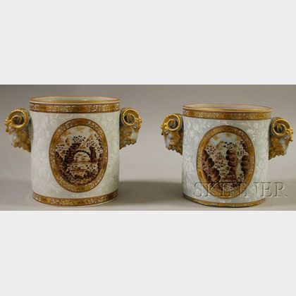 Pair of Continental Gilt, Enamel, and Sepia Landscape-decorated Porcelain Wine Coolers with Ram's Head Handles