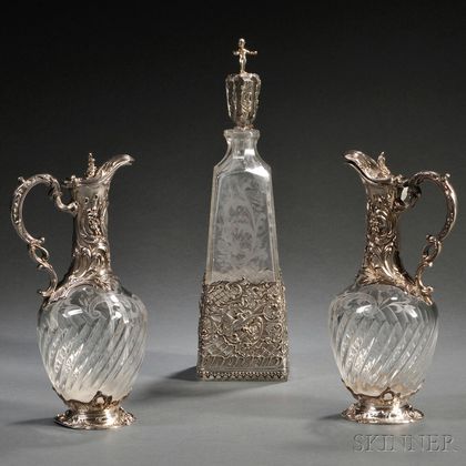 Three Continental Rococo-style Silver-mounted Colorless Glass Items