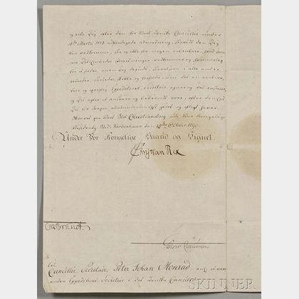 Christian VII of Denmark (1749-1808) Document Signed, 15 October 1790.