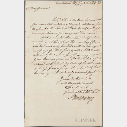 Muhlenberg, Peter (1746-1807) Secretarial Letter Signed, Cumberland, Old Courthouse, 14 September 1782.