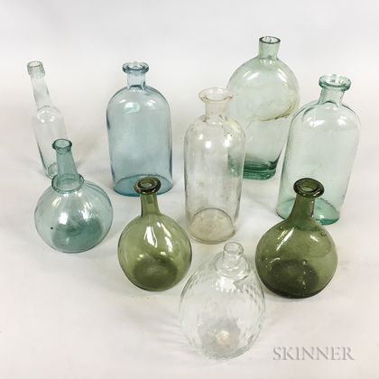 Nine Aqua and Olive Blown Glass Bottles and Flasks