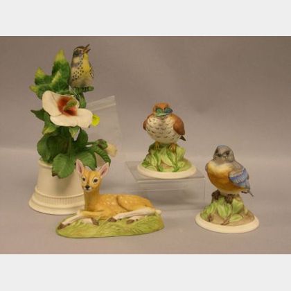 Three Boehm Porcelain Bird Figures and an Aynsley Porcelain Roe Deer Fawn