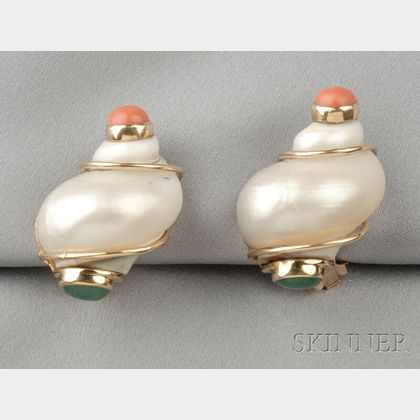14kt Gold and Turbo Shell Earclips, Seaman Schepps