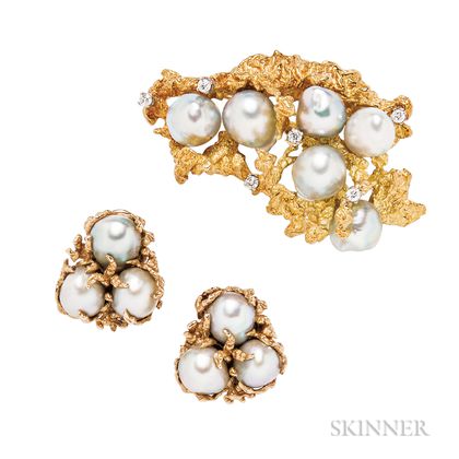 Gold and Baroque Cultured Pearl Brooch and Earclips