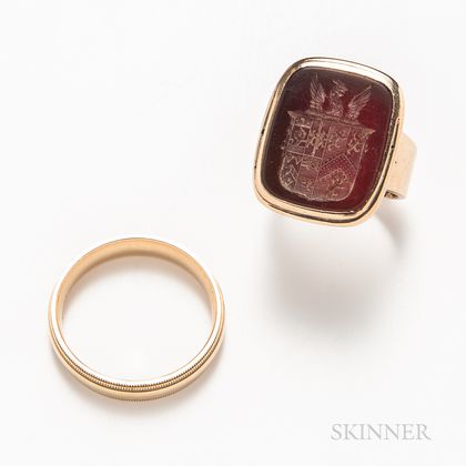 14kt Gold Band and a Low-karat Gold and Carnelian Seal Ring