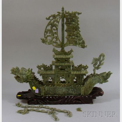 Asian Carved Green Hardstone Dragon Ship