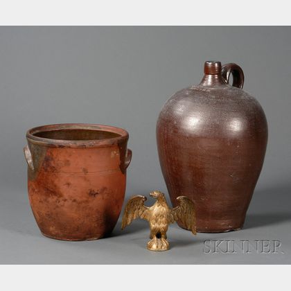 Redware Jar, Stoneware Jug, and a Cast Gilt-brass Eagle