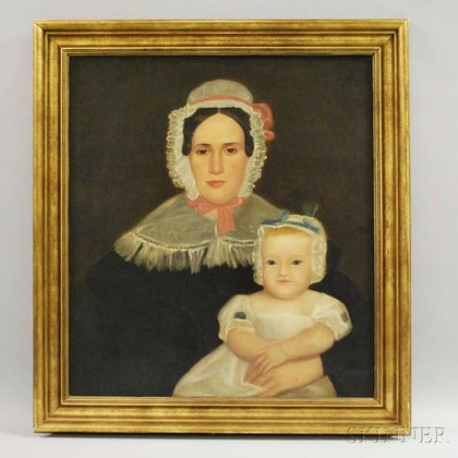 19th Century American School Oil on Canvas Portrait of Angelina Pattison Kirkham and Baby
