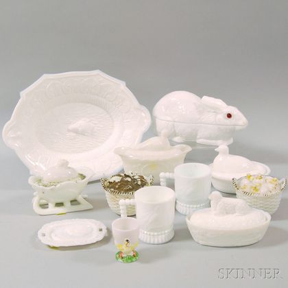 Twelve Pressed Figural Milk Glass Items