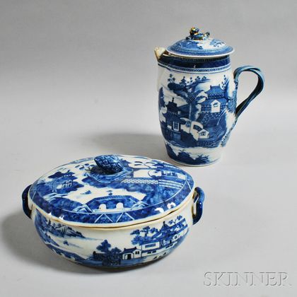 Canton Blue and White Porcelain Covered Serving Dish and Cider Jug