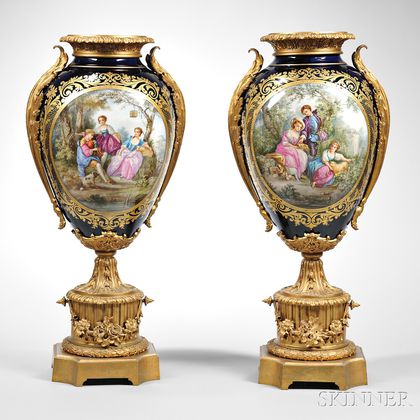 Pair of Gilt Bronze-mounted Sevres-style Porcelain Vases