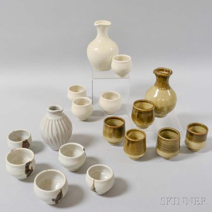 Three Sets of Glazed Sake Tokkuri and Cups
