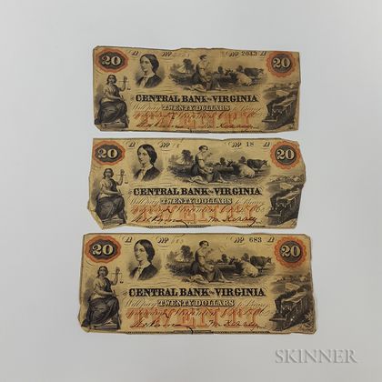 Three 1860 Central Bank of Virginia $20 Notes. Estimate $100-150