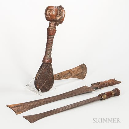 Two Congo Forged Iron Swords and a Luba Ceremonial Axe