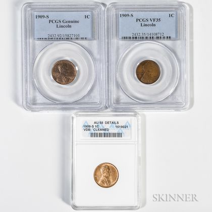 Three 1909-S Lincoln Cents