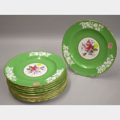Set of Ten Copeland Spode Hand-painted Rose and Green Banded Porcelain Dinner Plates. 