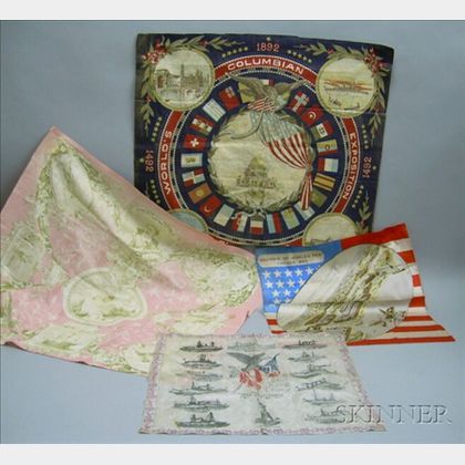 Four Small 1890s Commemorative Souvenir Handkerchiefs and Textiles