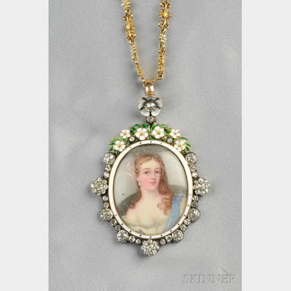 Antique Gold and Enamel Portrait Miniature Pendant and Chain