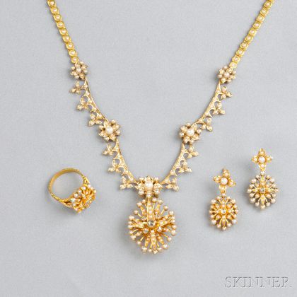 18kt Gold, Seed Pearl, and Rose-cut Diamond Suite