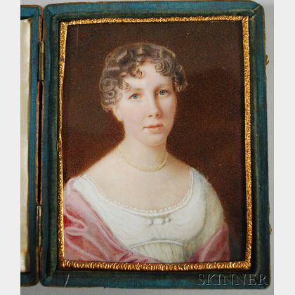 Cased Miniature Watercolor on Ivory Portrait of a Young Lady