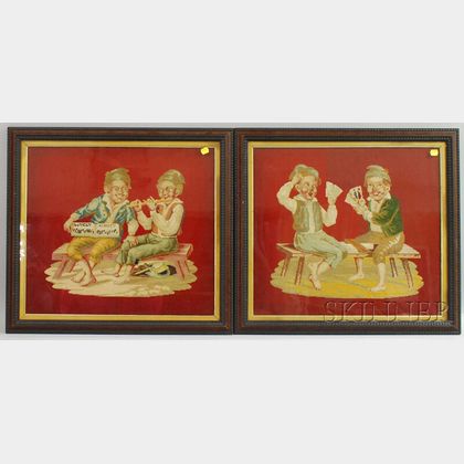 Pair of Framed Late Victorian Needlework Panels Depicting Boys at Play