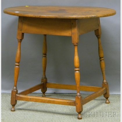 William & Mary Oval Cherry and Maple Tavern Table with Splayed Turned Legs and Stretcher Base