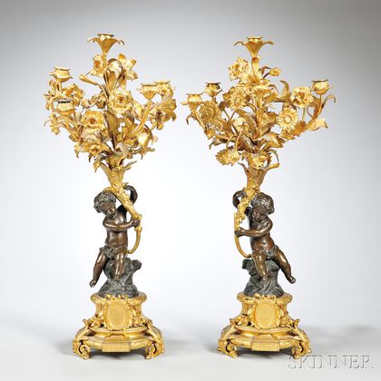 Pair of Louis XV-style Patinated Bronze and Ormolu Candelabra