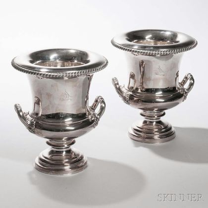 Pair of Sheffield Silver-plated Wine Coolers, 19th century, William & George Sissons, maker, each urn-form with a inset liner, two acan