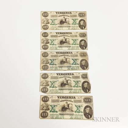 Five 1862 $10 Virginia Treasure Notes. Estimate $100-150