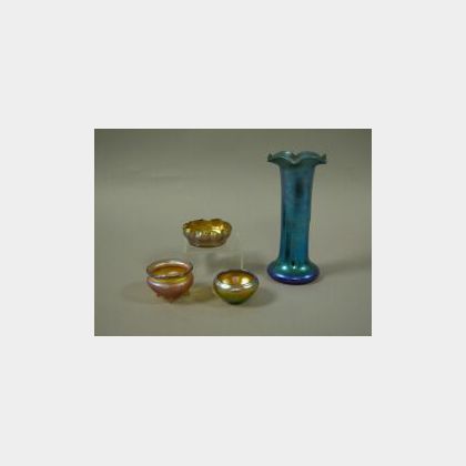 Steuben Blue Aurene Vase and Three Assorted Tiffany Gold Favrile Glass Salts. 