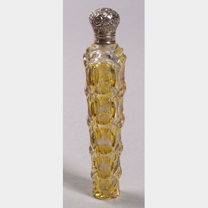 Amber Flashed Cut and Etched Colorless Glass and Silver Lidded Perfume Flask