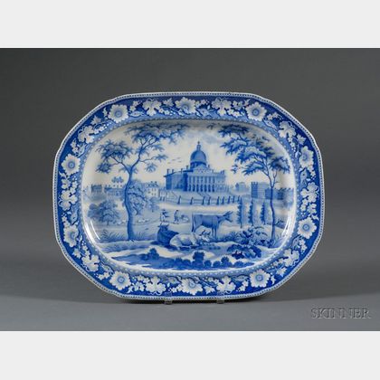 Boston State House Blue Transfer Decorated Staffordshire Pottery Platter