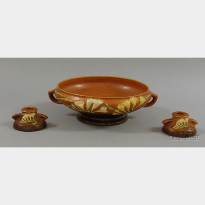 Three-Piece Roseville Pottery Freesia Console Set