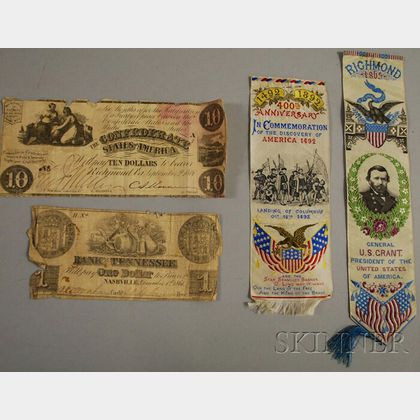 Two Stevengraph-type Bookmarks and Two Pieces of Confederate Currency