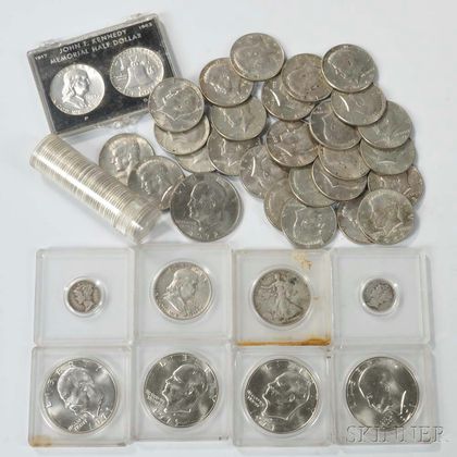 Twenty-six Clad Kennedy Half Dollars, Fifty Pre-1965 Roosevelt Dimes, and Eleven Others