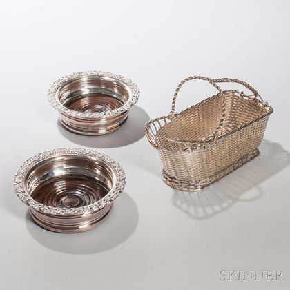 Two Silver-plated Wine Coasters and a Christofle Silver-plated Bottle Basket, coasters dia. 6 1/2, Gallia Collection bottle basket lg 