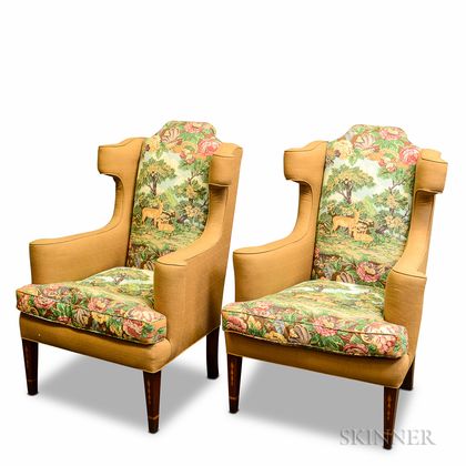Pair of Federal-style Upholstered Inlaid Mahogany Wing Chairs