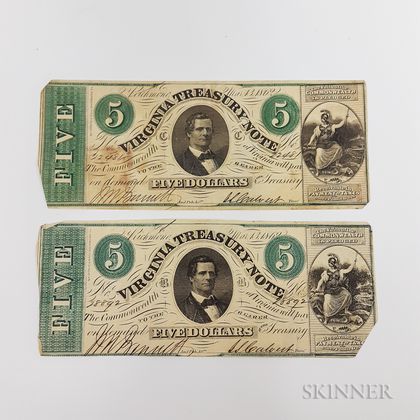 Two 1862 $5 Virginia Treasury Notes. Estimate $40-60