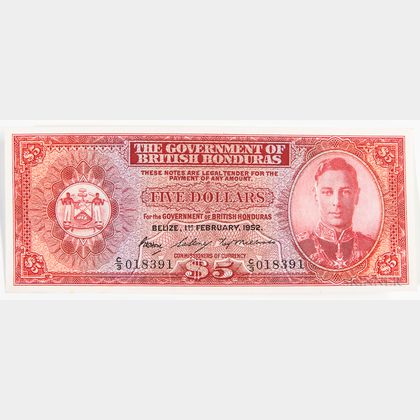 1952 British Honduras $5 Note, Pick 26b