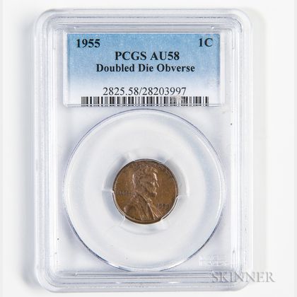 1955 Doubled Die Obverse Lincoln Cent, PCGS AU58. Estimate $1,200-1,500