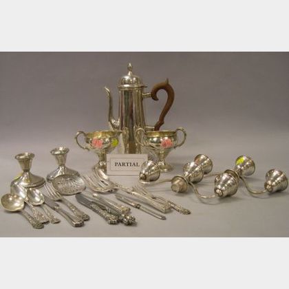 Sterling Silver Demitasse Pot, a Creamer and Sugar, a Pair of Convertible Two-Arm Candelabra and Seventeen Pieces of Assorted Flatware