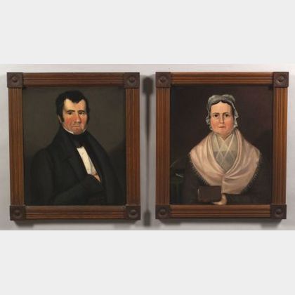 American School, 19th Century, Pair of Portraits, 1830-40. Unsigned. Oils on canvas of Joseph Dixon West and his wife. (a) the seated M