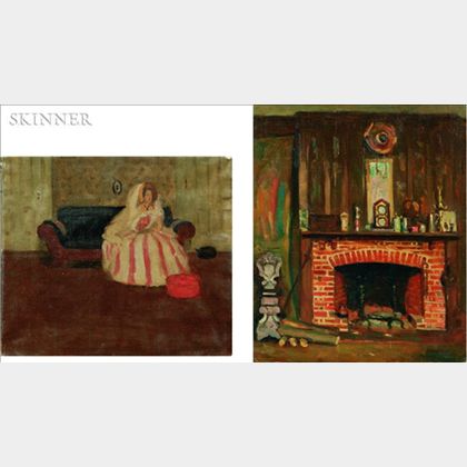 Robert Henry Logan (American, 1874-1942) Lot of Two Interior Scenes: Fireplace and Woman Seated on a Sofa