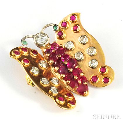 Retro 14kt Gold, Ruby, and Diamond Butterfly Brooch