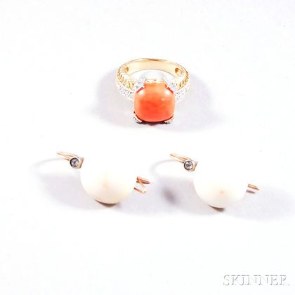 14kt Gold, Coral, and Diamond Ring and Earpendants
