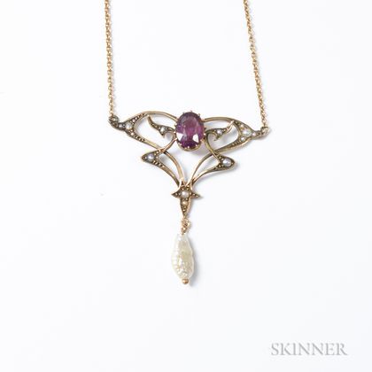 Art Nouveau 9kt Gold, Amethyst, and Pearl Necklace