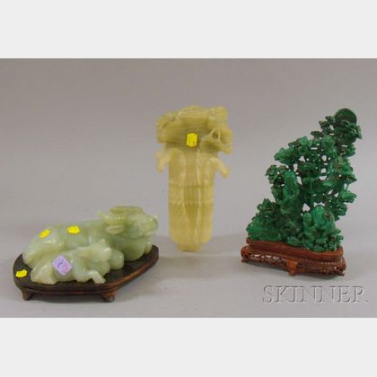 Asian Carved Jade Cabbage and a Recumbent Buffalo Group, and a Carved Malachite Deity Group